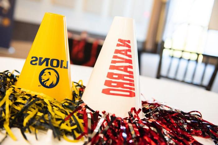 Two cheer megaphones, one white with red letters spelling NAVARRO, and one yellow with the TAMUC lion logo and the word LIONS in blue.